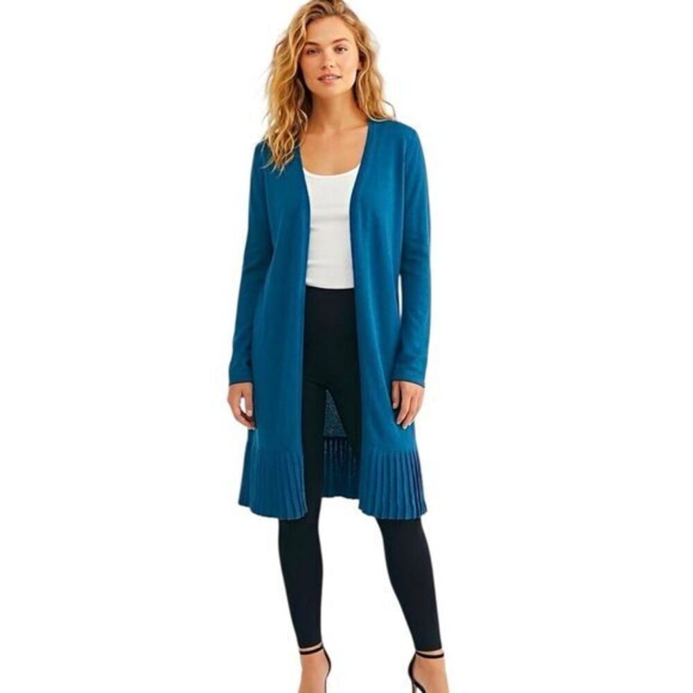 Chico's Womens Cardigan Sweater Sz Small Teal Blue Open Knit Long Sleeve Casual